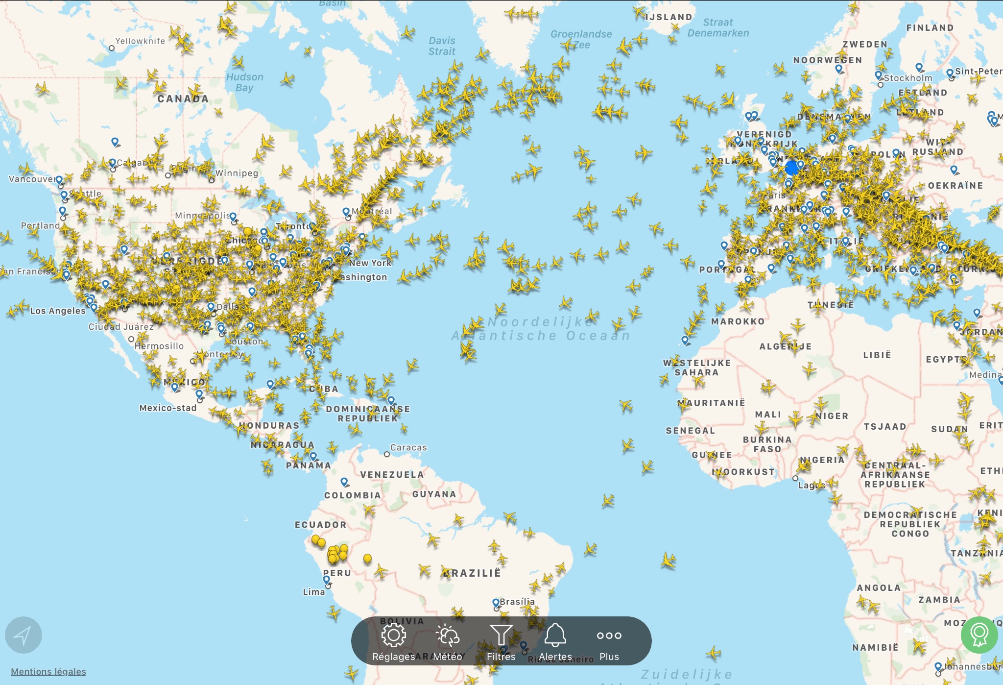Aantal vliegtuigen volgens Flightradar24 op 24 september 2019